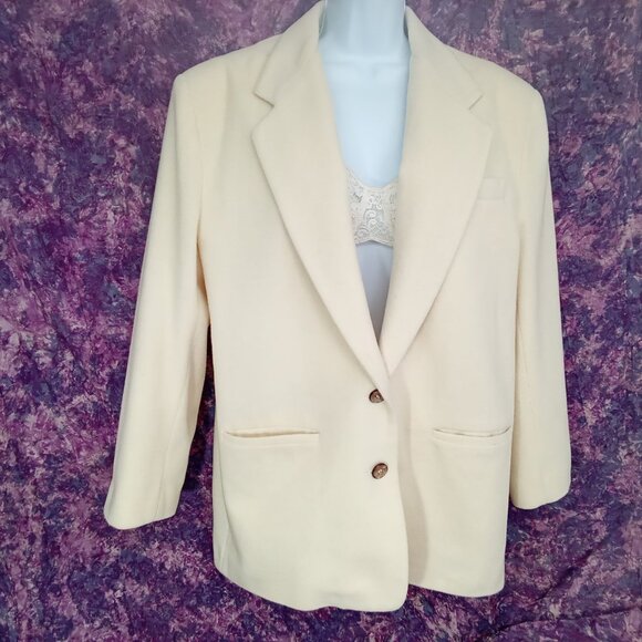 Vintage '80s Mervyns Partners Blazer Wool-Blend 3-Pockets Lined Cream Lady-(L) - Picture 5 of 13